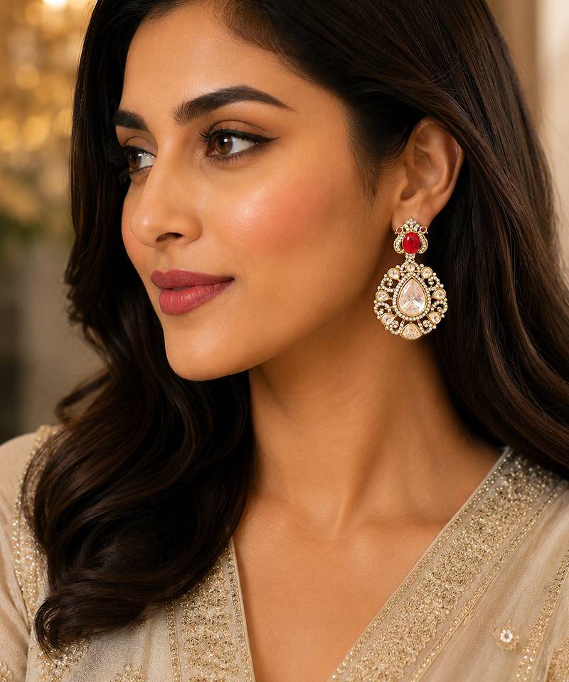 Royal ruby red & kundan inspired gold-plated statement chandbali drop earrings for women