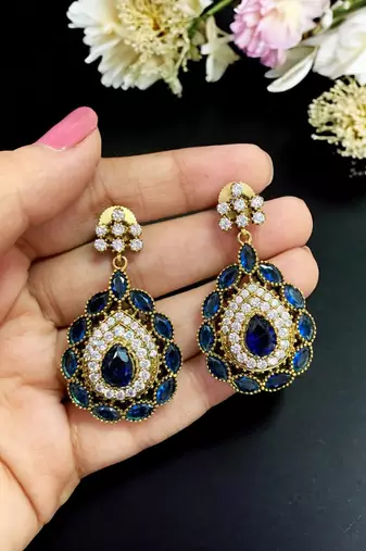 Royal blue crystal & american diamond gold-plated statement drop earrings for women