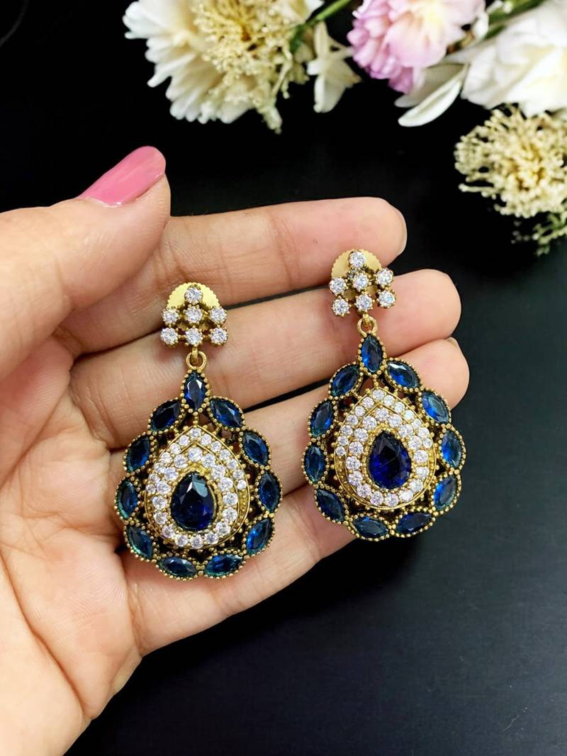 Royal blue crystal & american diamond gold-plated statement drop earrings for women