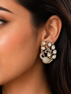 Antique gold-plated peacock design kundan & cz stud earrings for women 2