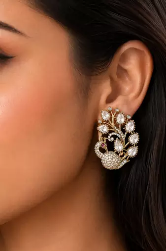 Antique gold-plated peacock design kundan & cz stud earrings for women