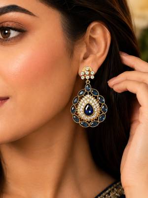 Royal blue crystal & american diamond gold-plated statement drop earrings for women 2