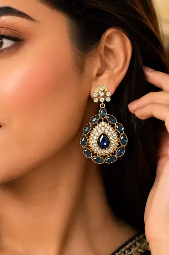 Royal blue crystal & american diamond gold-plated statement drop earrings for women
