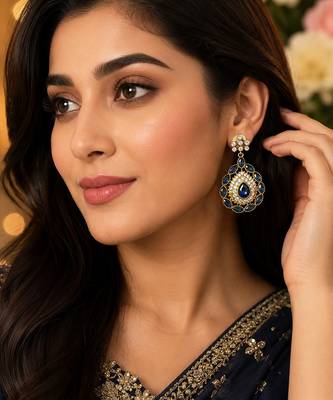 Royal blue crystal & american diamond gold-plated statement drop earrings for women 3