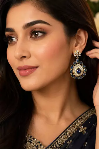 Royal blue crystal & american diamond gold-plated statement drop earrings for women