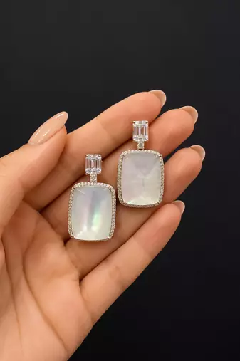 Elegant mother of pearl & cubic zirconia silver-plated statement drop earrings for women