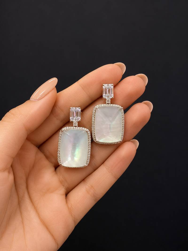 Elegant mother of pearl & cubic zirconia silver-plated statement drop earrings for women