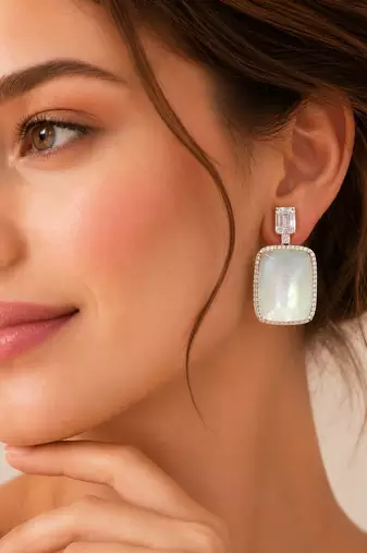 Elegant mother of pearl & cubic zirconia silver-plated statement drop earrings for women