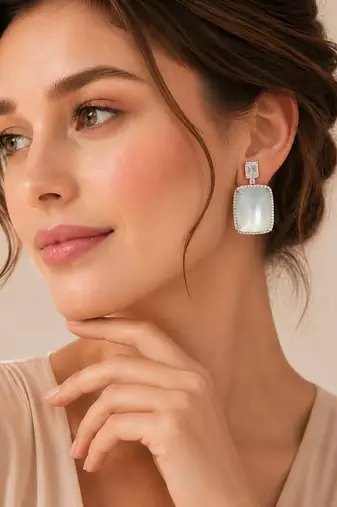 Elegant mother of pearl & cubic zirconia silver-plated statement drop earrings for women