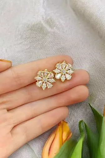 Elegant floral cubic zirconia gold-plated stud earrings for women