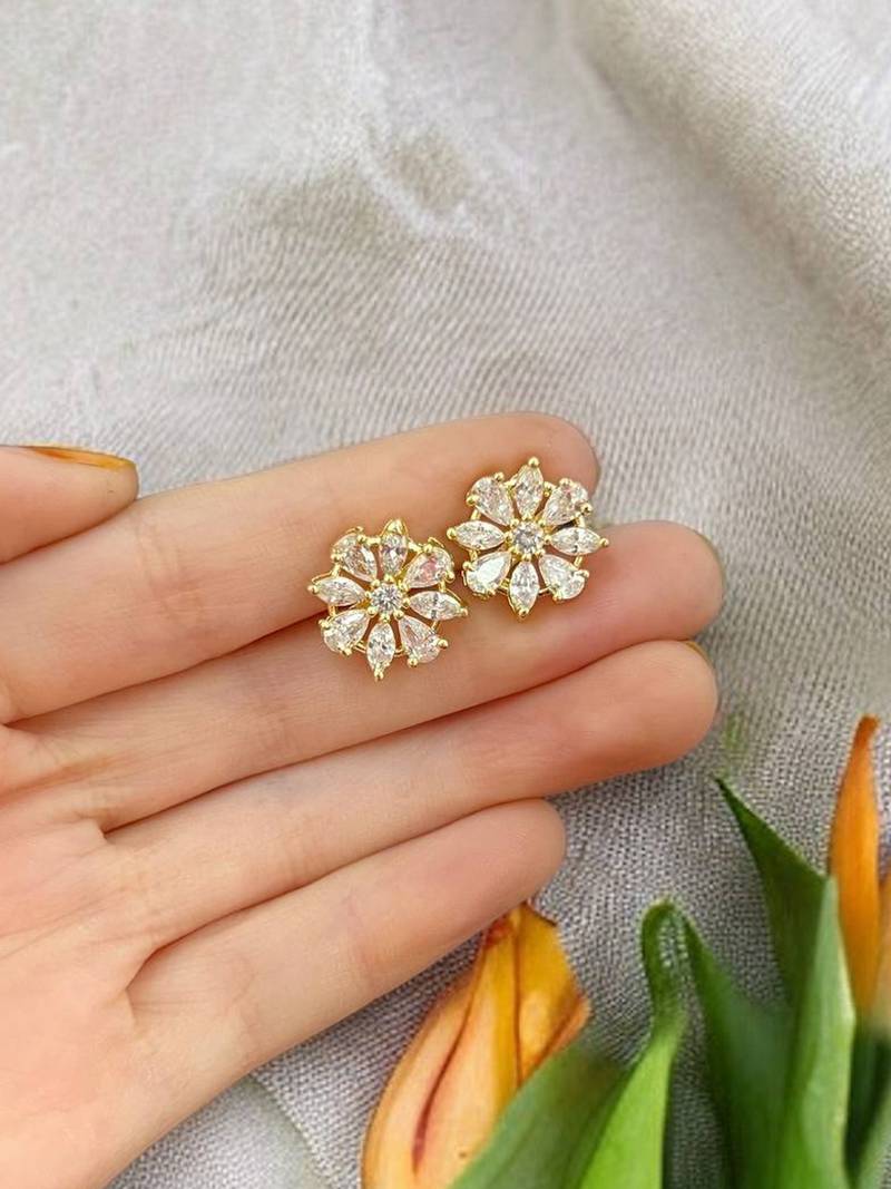 Elegant floral cubic zirconia gold-plated stud earrings for women