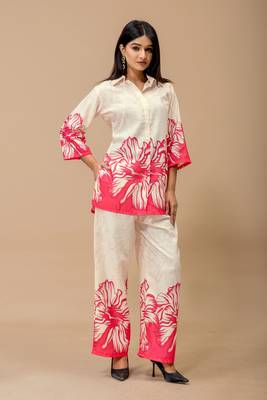 White & pink floral printed cotton co-ord set for women 1