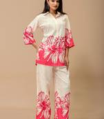 White & pink floral printed cotton co-ord set for women