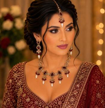 Maroon color necklace set with earrings & maang tikka | kundan and agate stone | antique gold plating 1