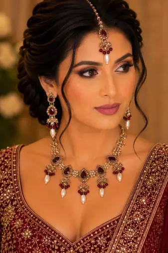 Maroon color necklace set with earrings & maang tikka | kundan and agate stone | antique gold plating