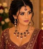 Maroon color necklace set with earrings & maang tikka | kundan and agate stone | antique gold plating