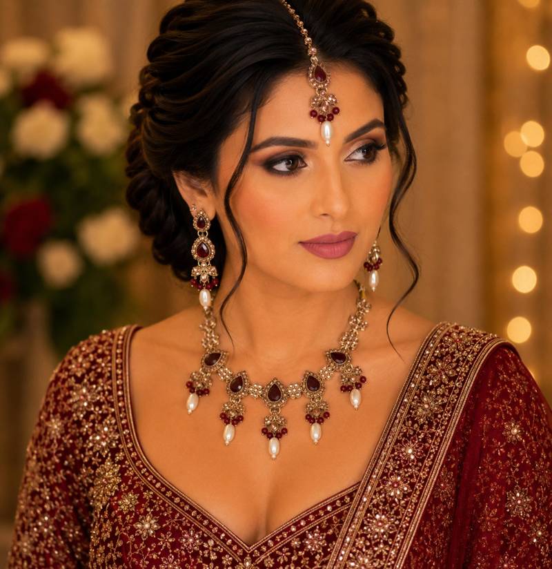 Maroon color necklace set with earrings & maang tikka | kundan and agate stone | antique gold plating