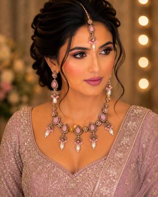 Beby pink color necklace set with earrings & maang tikka | kundan and agate stone | antique gold plating 4