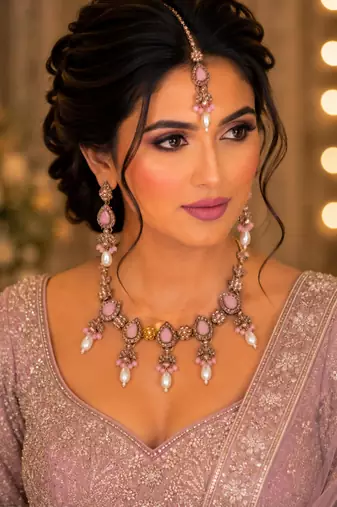Beby pink color necklace set with earrings & maang tikka | kundan and agate stone | antique gold plating