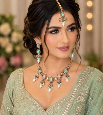 Pista pink color necklace set with earrings & maang tikka | kundan and agate stone | antique gold plating 4