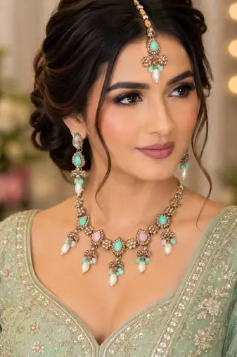 Pista pink color necklace set with earrings & maang tikka | kundan and agate stone | antique gold plating