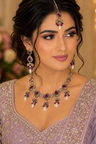 Majanta color necklace set with earrings & maang tikka | kundan and agate stone | antique gold plating