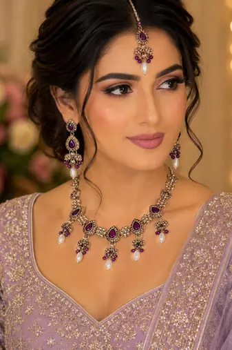 Majanta color necklace set with earrings & maang tikka | kundan and agate stone | antique gold plating