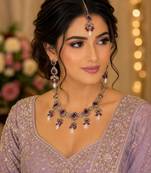 Majanta color necklace set with earrings & maang tikka | kundan and agate stone | antique gold plating