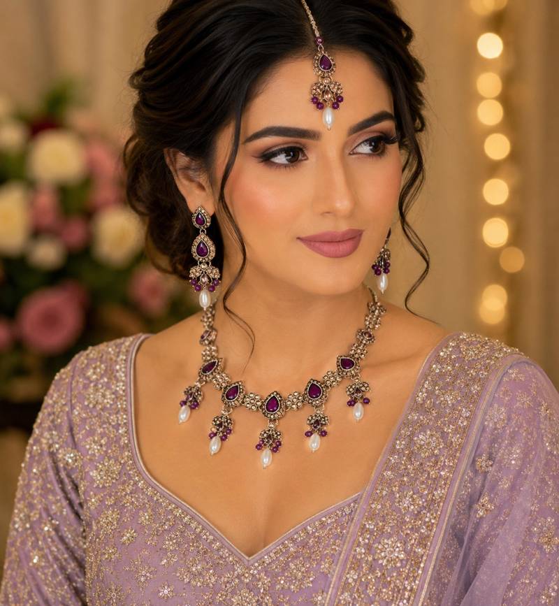 Majanta color necklace set with earrings & maang tikka | kundan and agate stone | antique gold plating