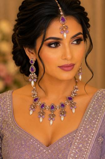 Purple color necklace set with earrings & maang tikka | kundan and agate stone | antique gold plating