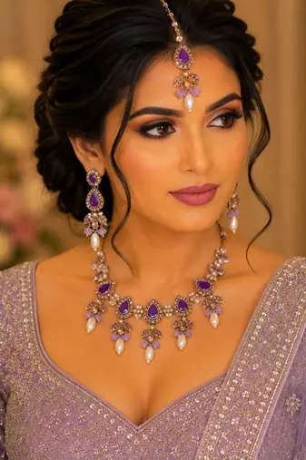 Purple color necklace set with earrings & maang tikka | kundan and agate stone | antique gold plating
