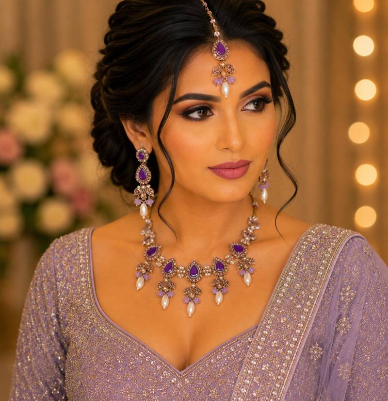 Purple color necklace set with earrings & maang tikka | kundan and agate stone | antique gold plating