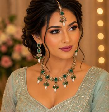 Green color necklace set with earrings & maang tikka | kundan and agate stone | antique gold plating 4
