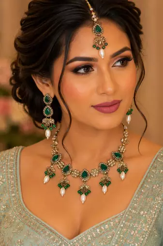 Green color necklace set with earrings & maang tikka | kundan and agate stone | antique gold plating