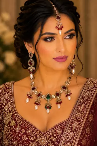 Maroon green color necklace set with earrings & maang tikka | kundan and agate stone | antique gold plating