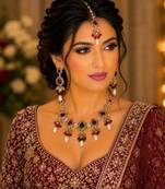 Maroon green color necklace set with earrings & maang tikka | kundan and agate stone | antique gold plating