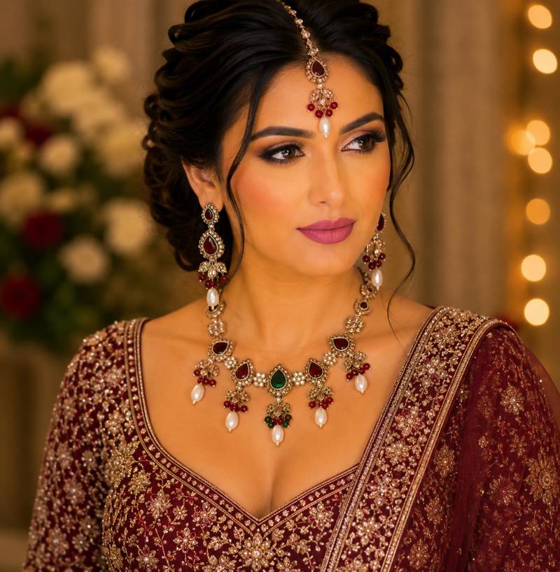 Maroon green color necklace set with earrings & maang tikka | kundan and agate stone | antique gold plating