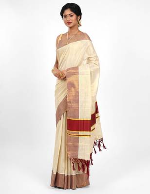 cream color tissue kasavu saree with zari work 2