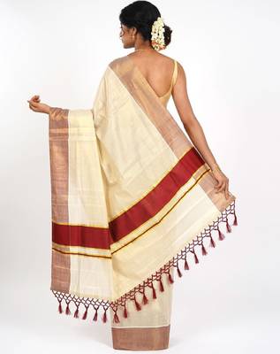 cream color tissue kasavu saree with zari work 3
