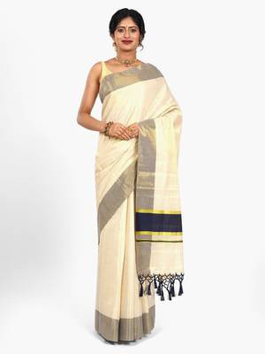 cream tissue traditional kasavu saree with zari work 2