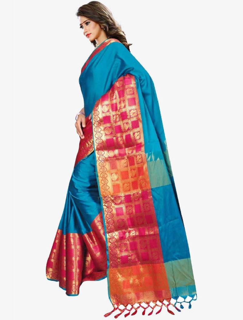 Blue & red ethnic motifs zari art silk half and half kasavu saree