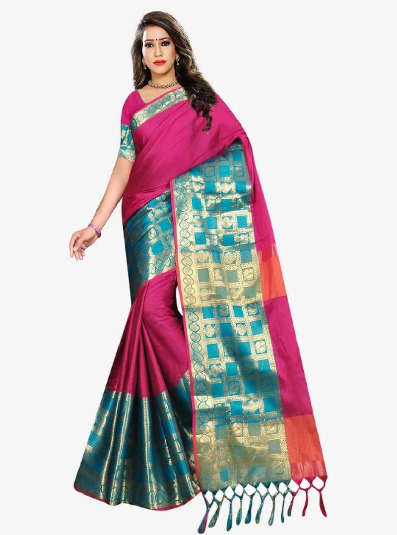 Pink & blue ethnic motifs zari art silk kasavu saree