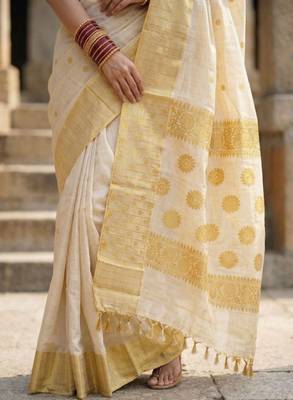 cream tissue kasavu saree with zari work 2