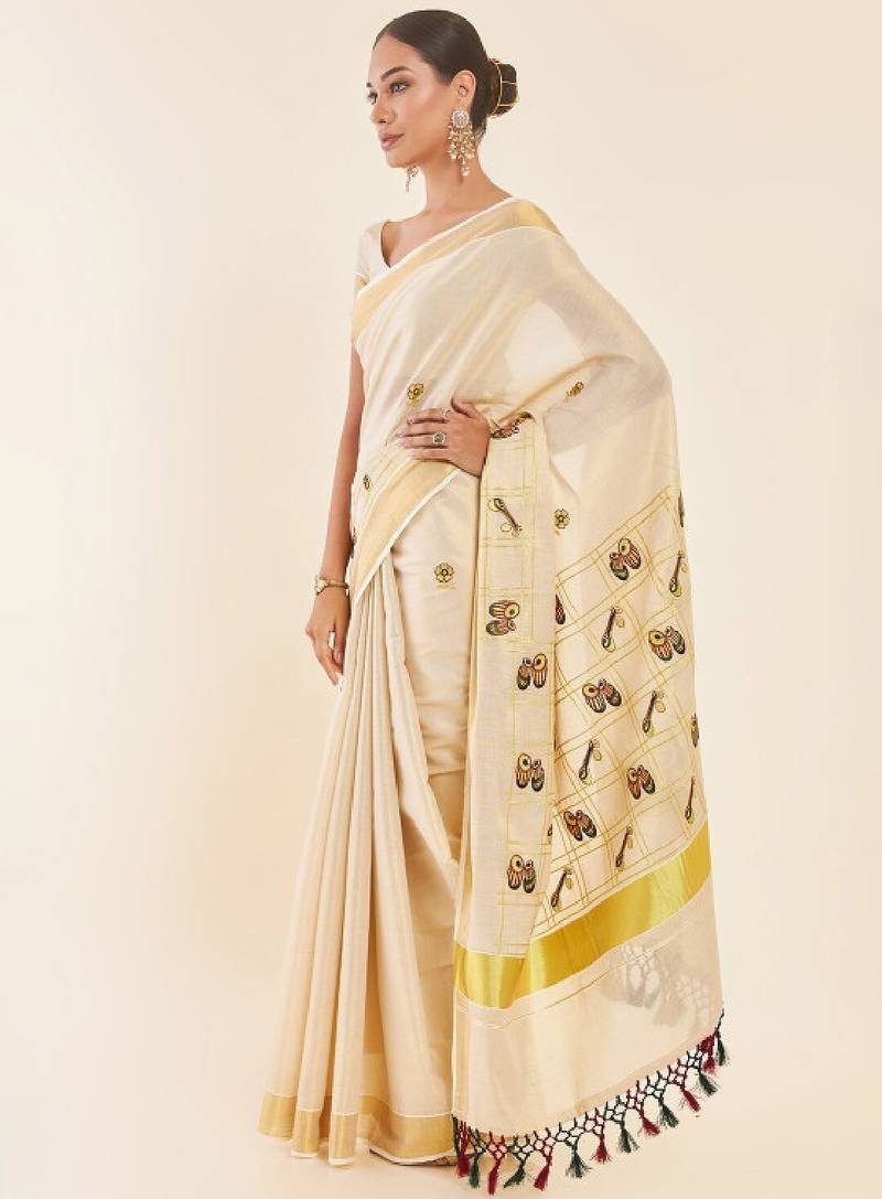 Off white ethnic motifs printed zari tissue kasavu saree