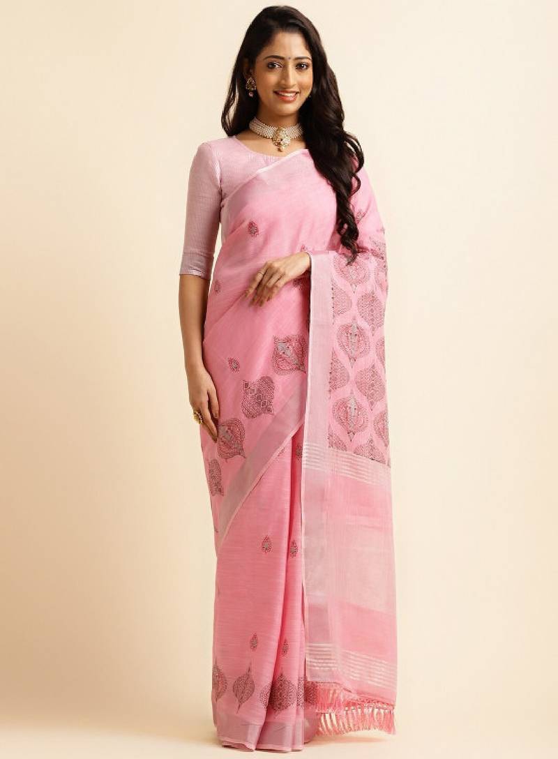 Ethnic motifs embroidered zari pure linen kasavu saree