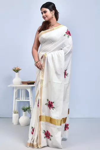 White kerala hand embroidered shimul flower design cotton saree