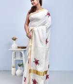White kerala hand embroidered shimul flower design cotton saree