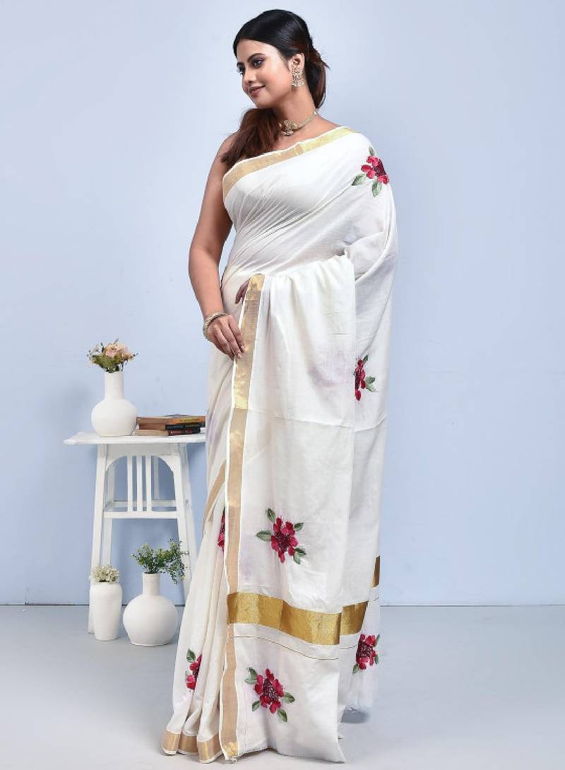 White kerala hand embroidered shimul flower design cotton saree
