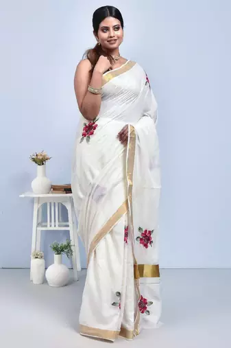 White kerala hand embroidered shimul flower design cotton saree