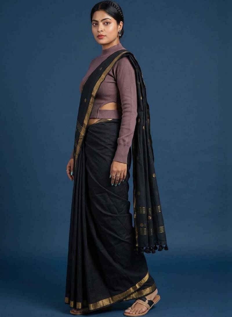 Women pure cotton kasavu saree with unstitched blouse